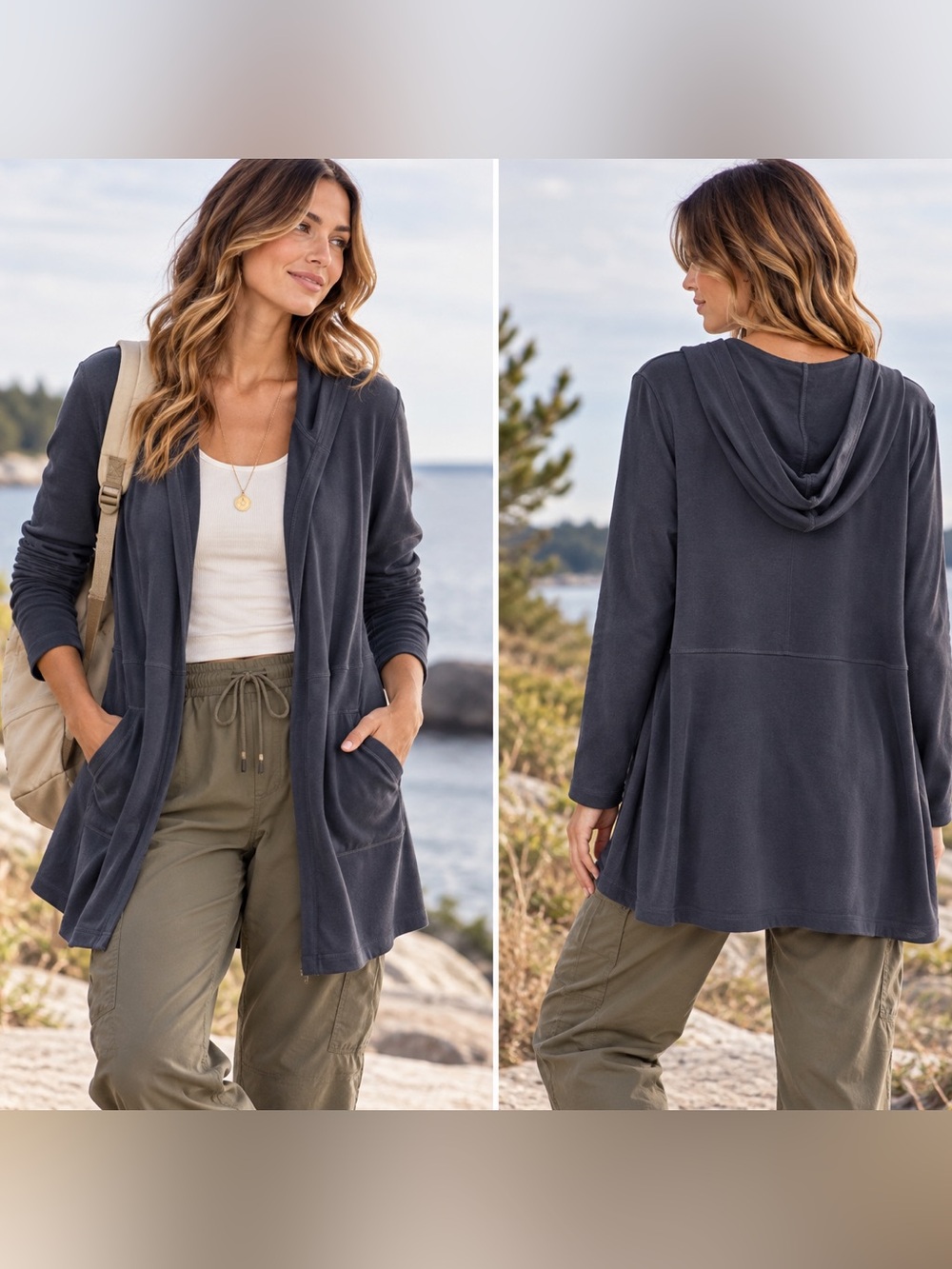 Orvis Charcoal Navy Open-Front Hooded Minimalist Cozy Gorpcore Cardigan Medium